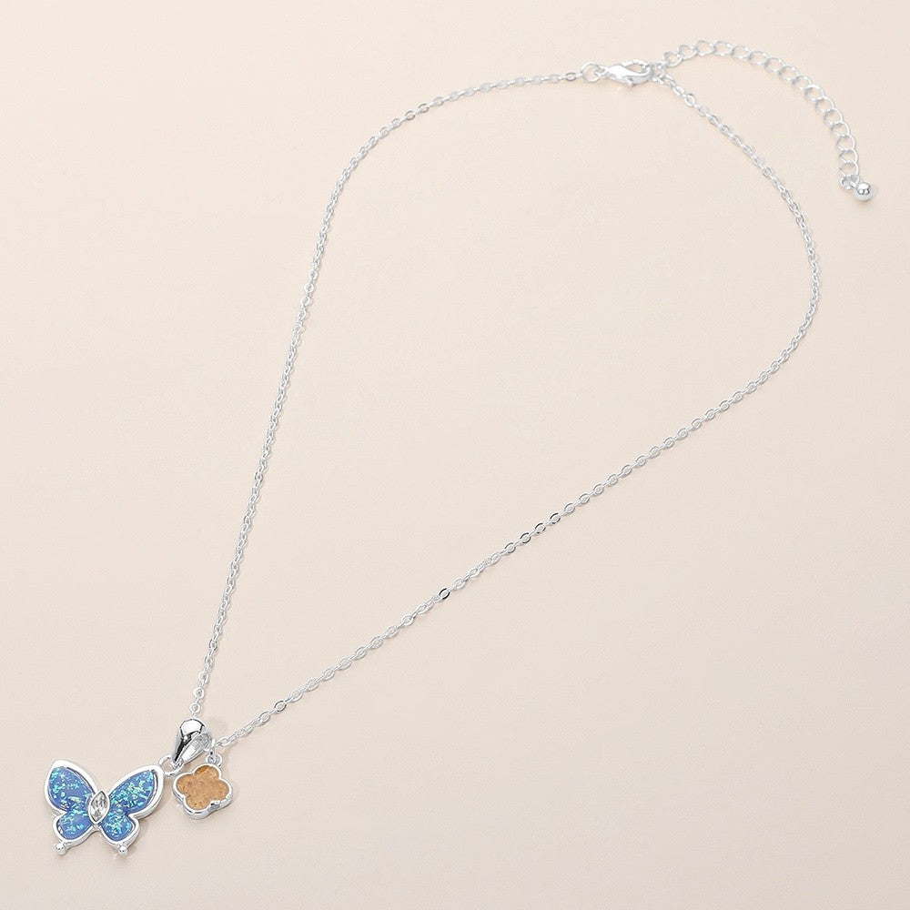 Blue Faux Opal Butterfly Clover Charm Pendant Necklace Silver Tone Jewelry New