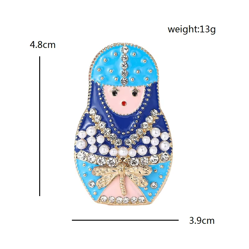 Enamel Matryoshka Doll Brooch Pin Faux Pearl Rhinestone Dragonfly Blue Fashion