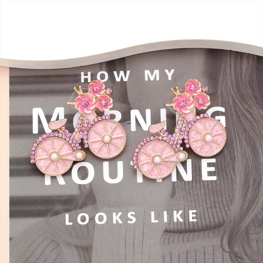 2pcs Pink Bicycle Flower Stud Earrings Crystal Rhinestone Pearl Bike Jewelry