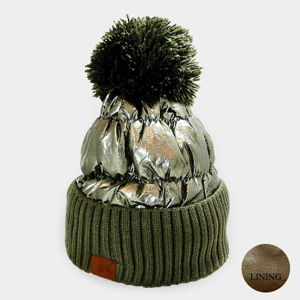 Women's Fleece Lining Metallic Puffer Knit Pom Pom Beanie Cozy Winter Hat Green