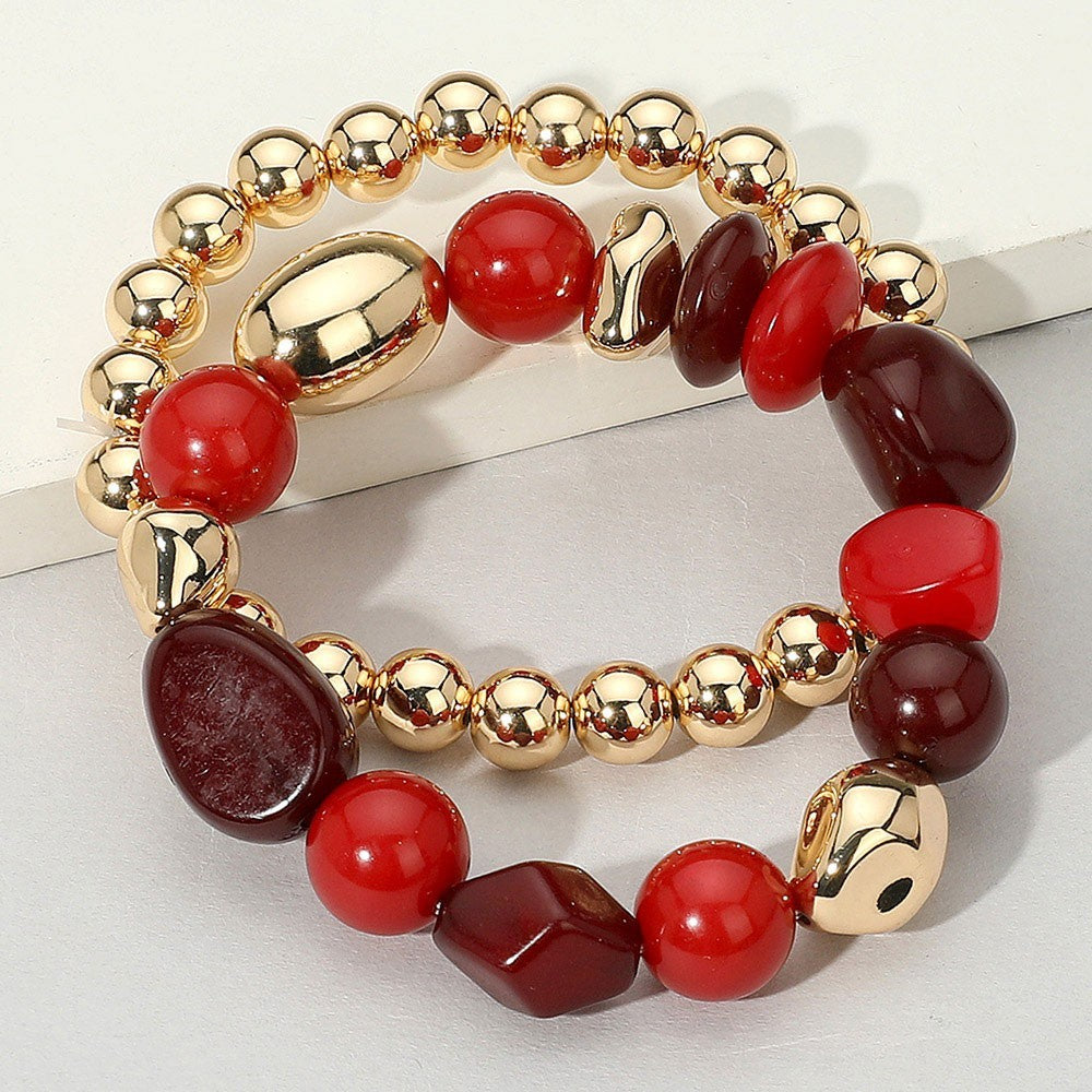 2PCS Red Gold Pebble Beaded Stretch Bracelet Set for Women Layered Jewelry Gift