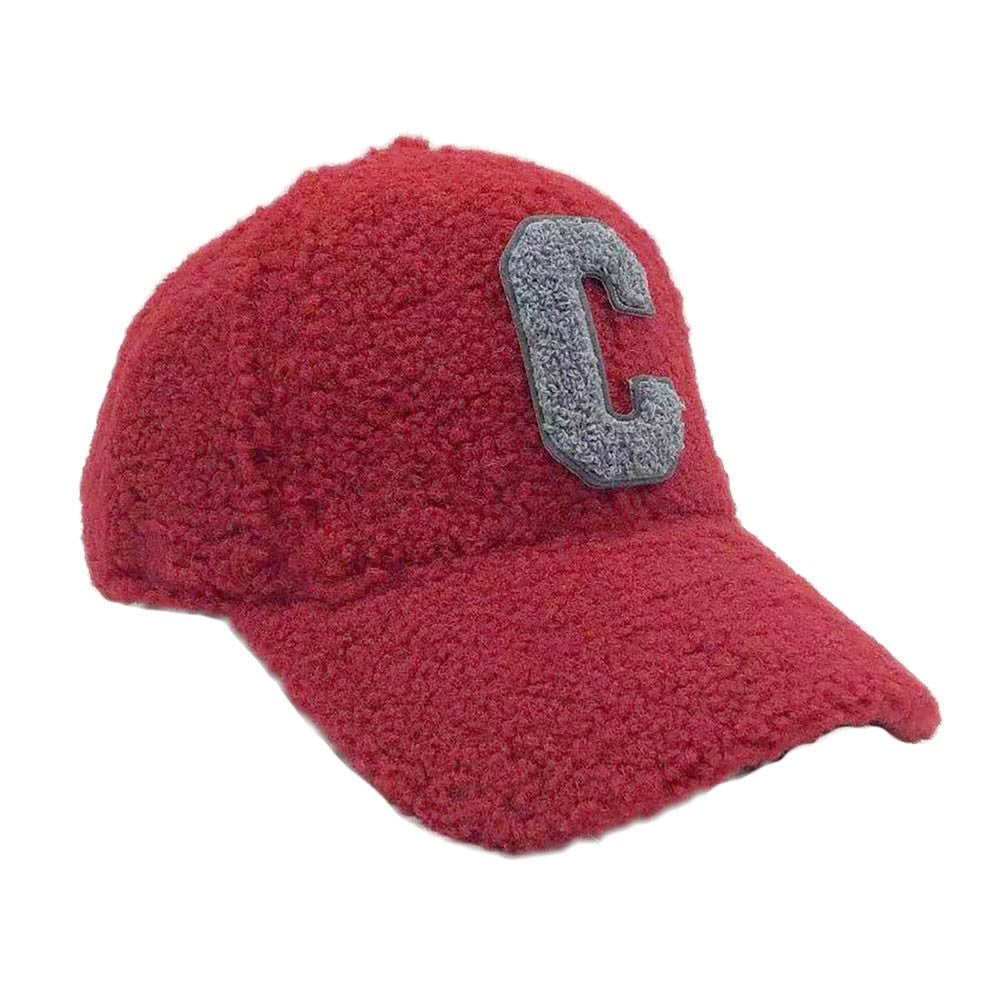 One Size Letter C Initial Monogram Sherpa Fuzzy Baseball Cap for Women Burgundy