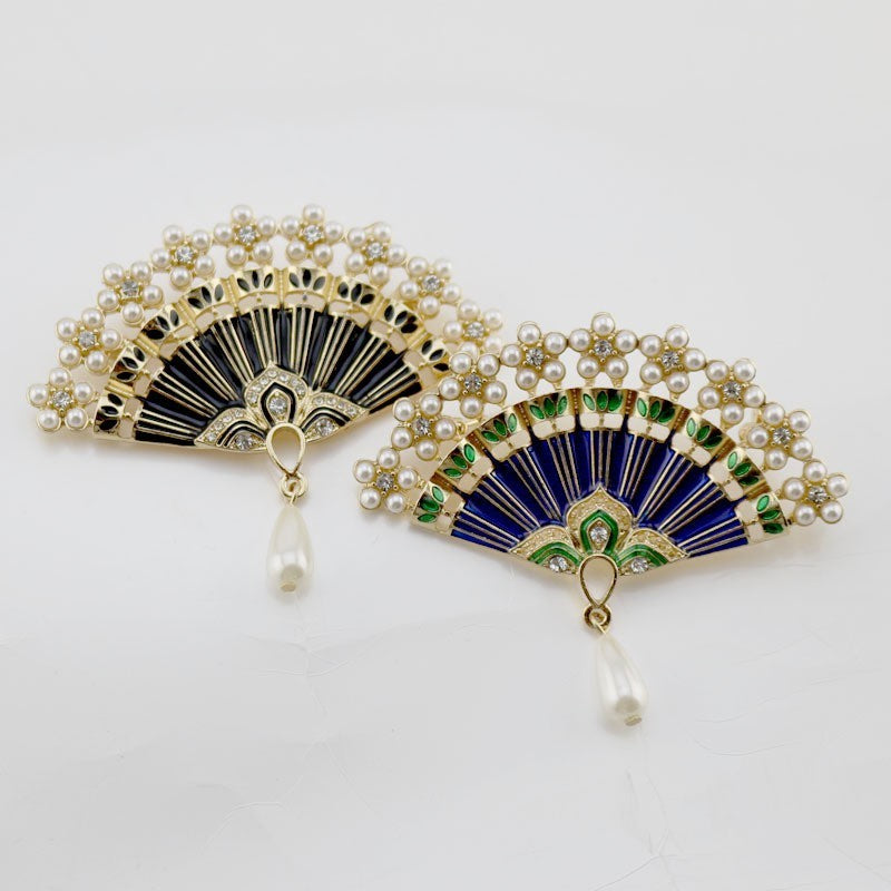 2pcs Folding Fan Brooch Pin Pearl Rhinestone Vintage Enamel Jewelry Set