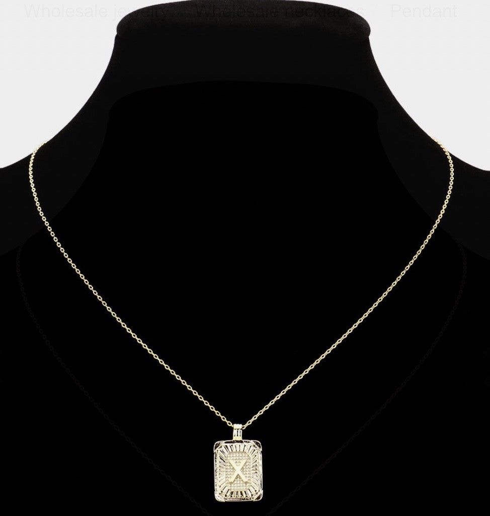 Gold Initial "X" Rectangular Sunburst Pendant Necklace Brass Fashion Jewelry