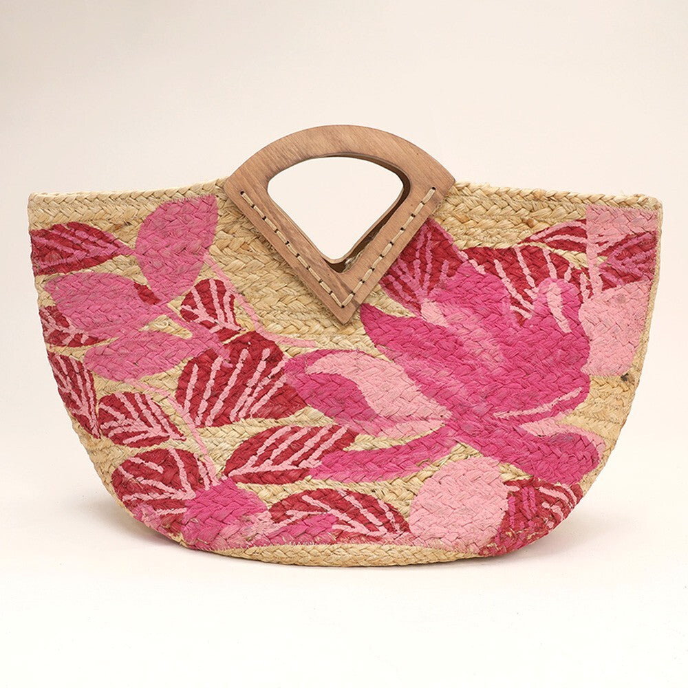 Floral Leaf Print Jute Tote Bag with Wooden Handles for Everyday Use