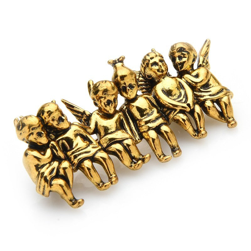 Vintage Style Cherub Brooch Pin Gold Tone Cupid Angel Putti Six Figure Jewelry