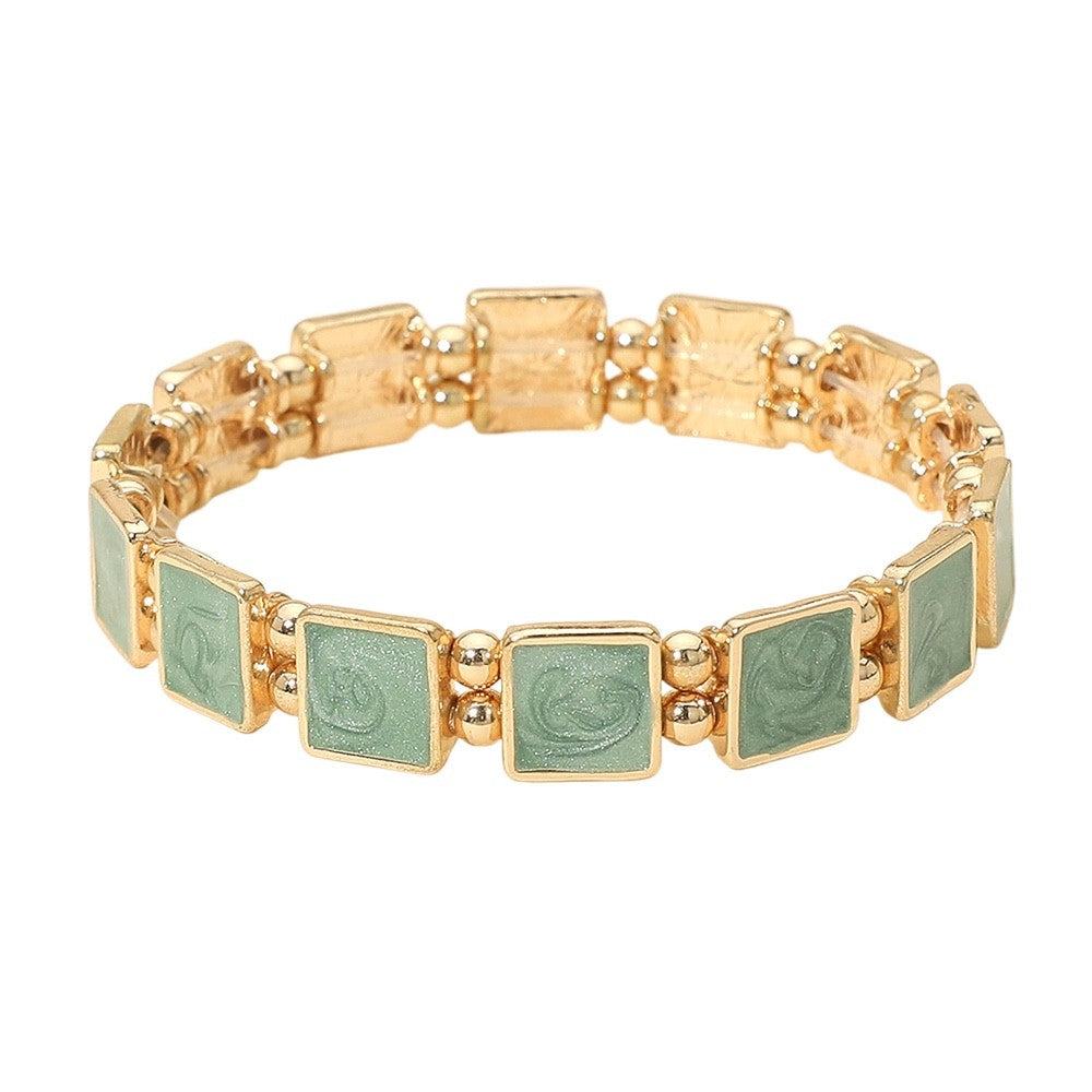 Sage Green Enamel Gold Square Tile Stretch Bracelet Boho
