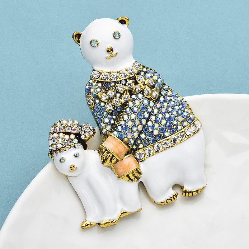 Large Polar Bear Puppy Crystal Brooch Pin Blue Enamel Winter Animal Jewelry Gift