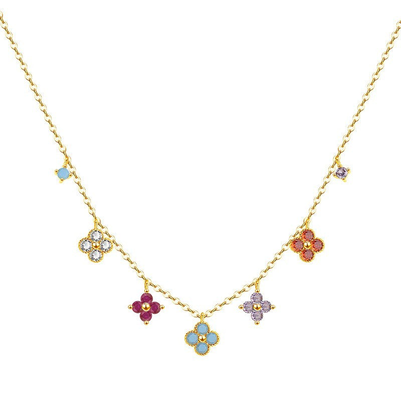 Dainty Colorful Clover Charm Choker Necklace | 14K Gold Plated Quatrefoil CZ Sto