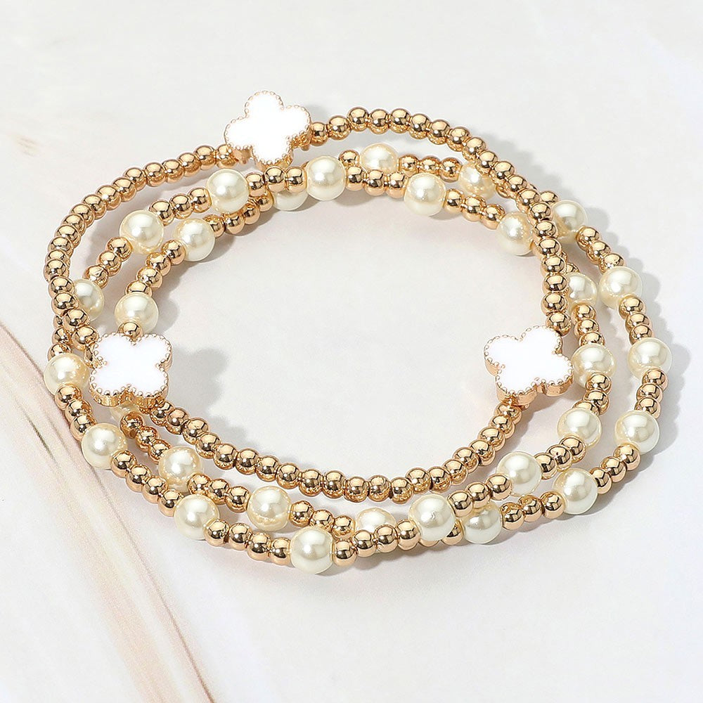 3PCS Quatrefoil Pearl Beaded Stretch Multi Layered Bracelets Women’s Jewelry