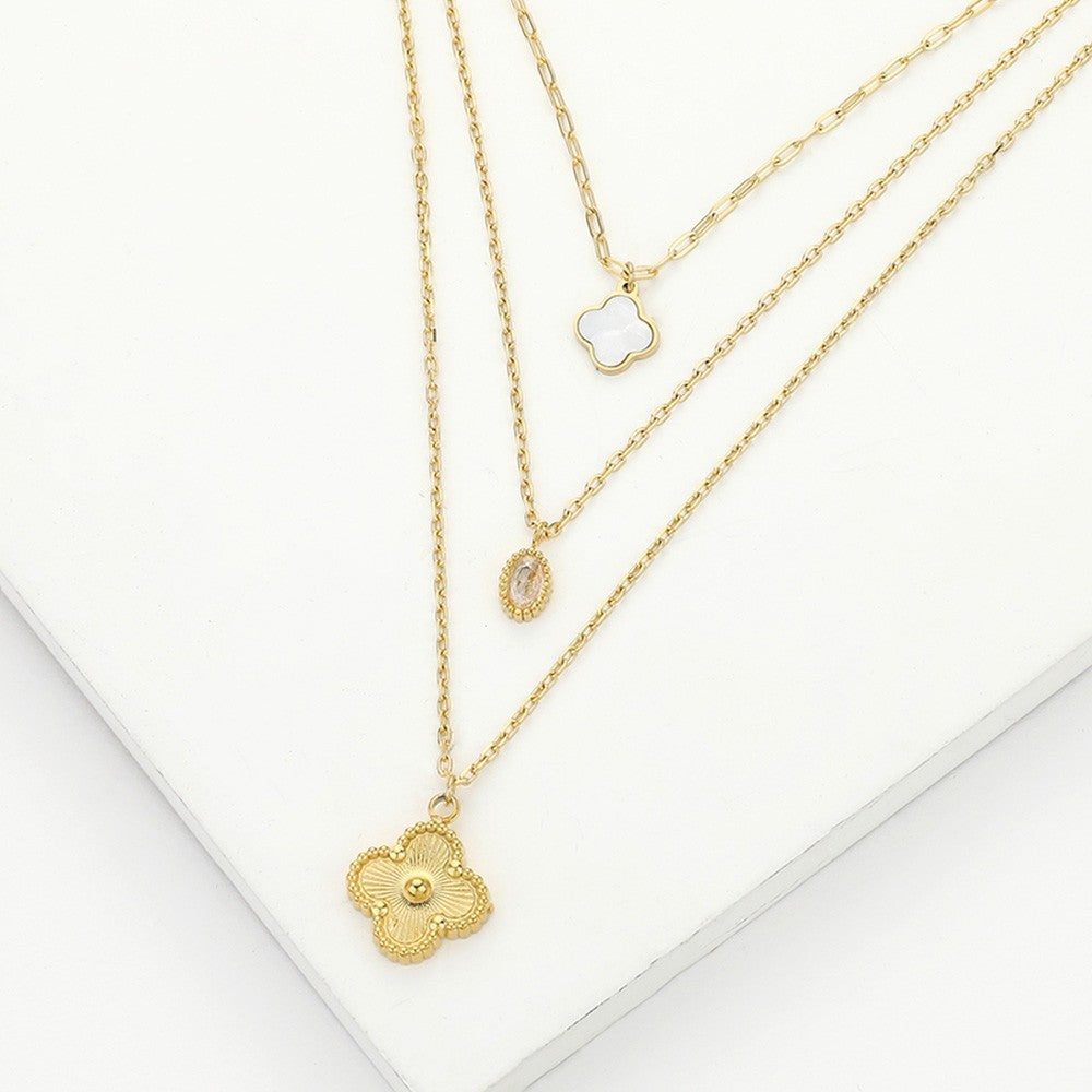 Layered Mother of Pearl Quatrefoil Pendant Necklace in Gold Stainless Steel