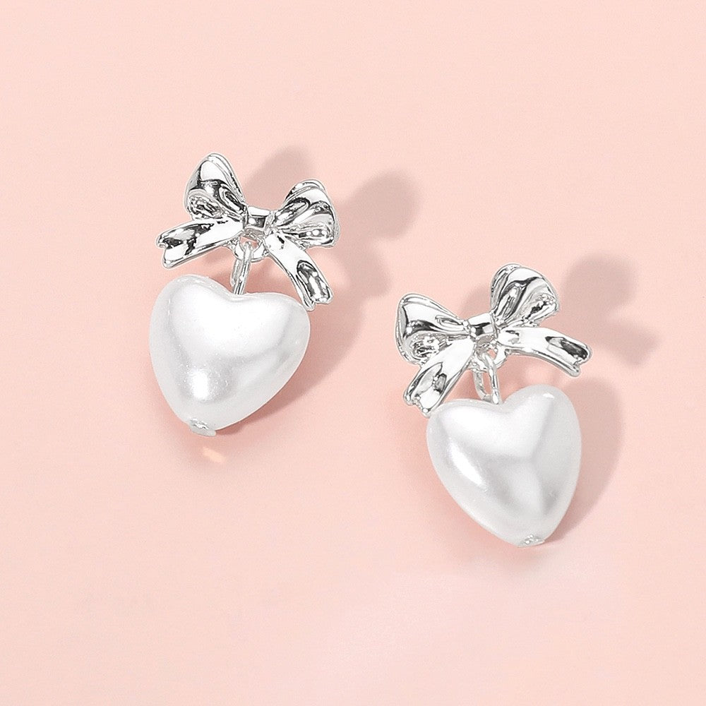 Silver Bow Heart Pearl Drop Earrings - Coquette Style Romantic Dangle Studs