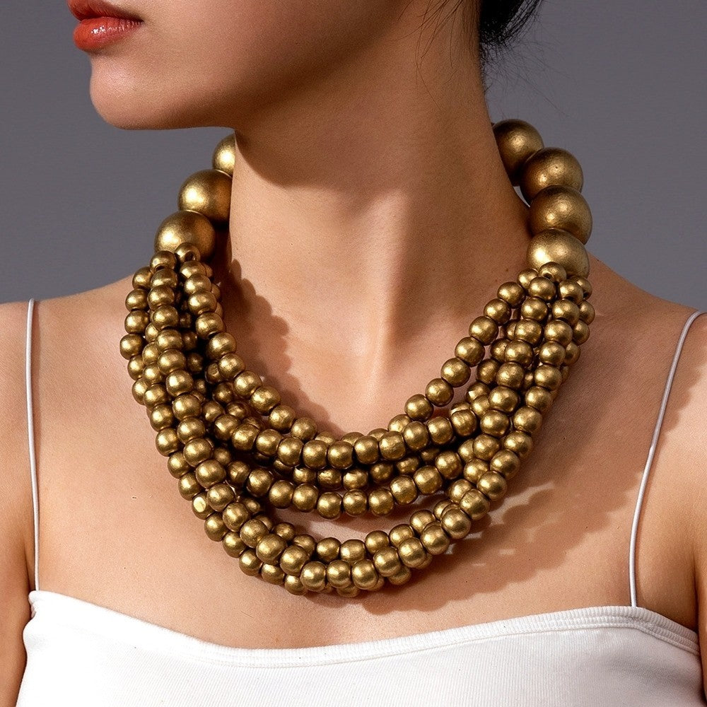 Chunky Gold Wood Bead Statement Necklace Multi Strand Boho Bib Jewelry