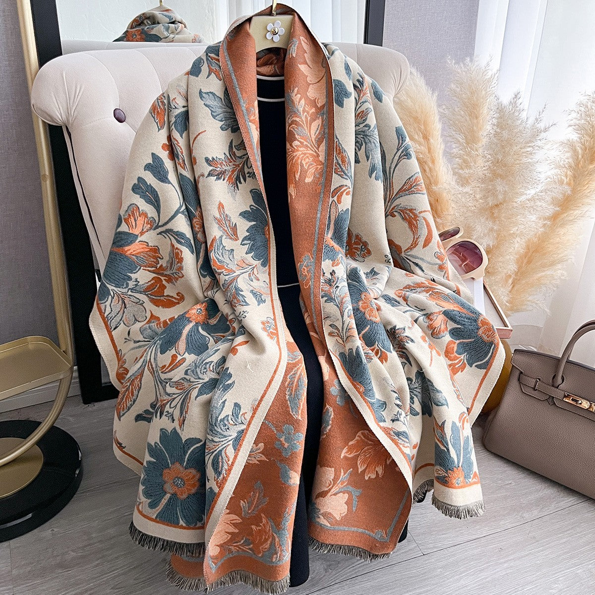 Warm Floral Shawl Wrap Scarf Cashmere Feel Oversized Stole Winter Gift
