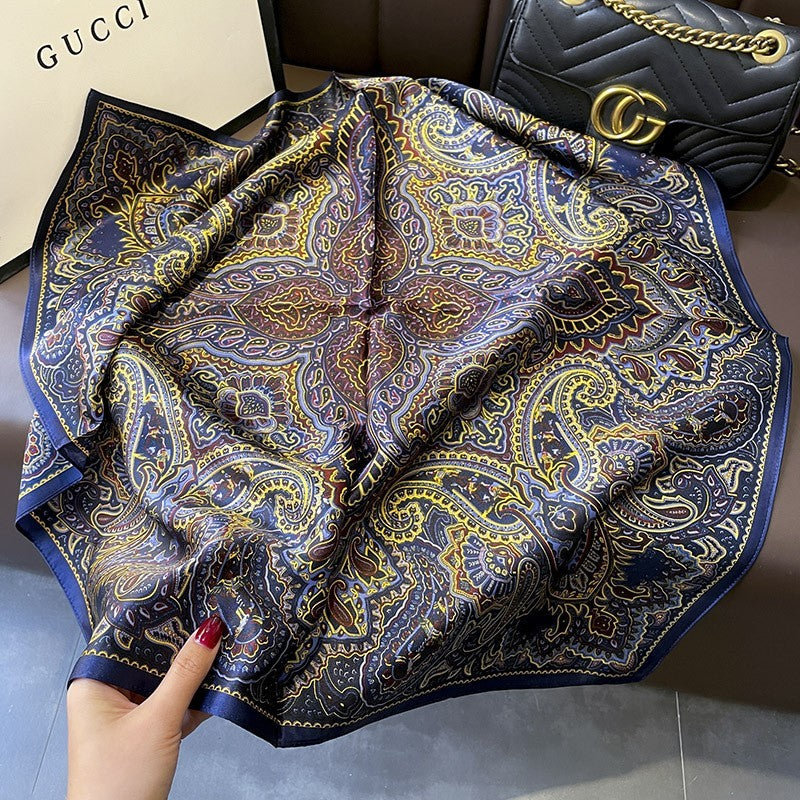 Luxury Navy Blue Gold Paisley Satin Silk Scarf Neckerchief Bandana Head Wrap