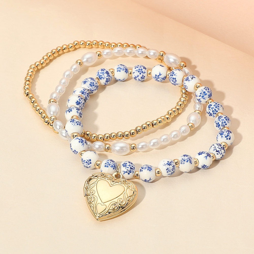 3PC Women's Beaded Stretch Bracelet Set Heart Locket Pearl Ceramic Metal Charm