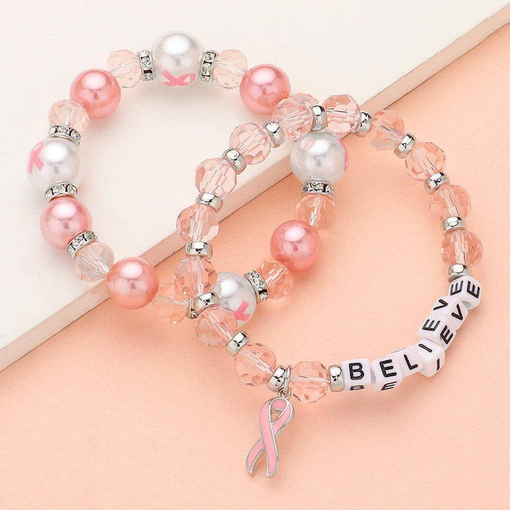 Breast Cancer Awareness Pink Beaded Stretch Bracelet Set of 2 'BELIEVE' Charm