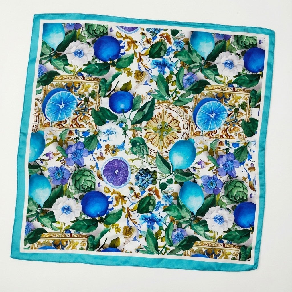 Blue Citrus Fruit Floral Print Square Silk Feel Scarf Neckerchief Headband