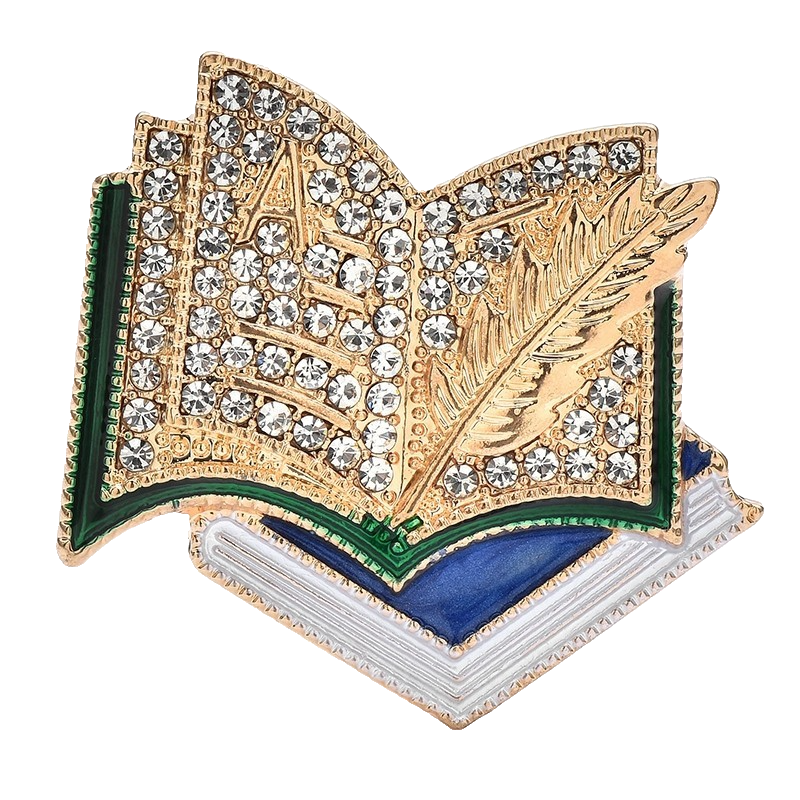 Crystal Rhinestone Open Book & Quill Pin Brooch Teacher Student Librarian Gift