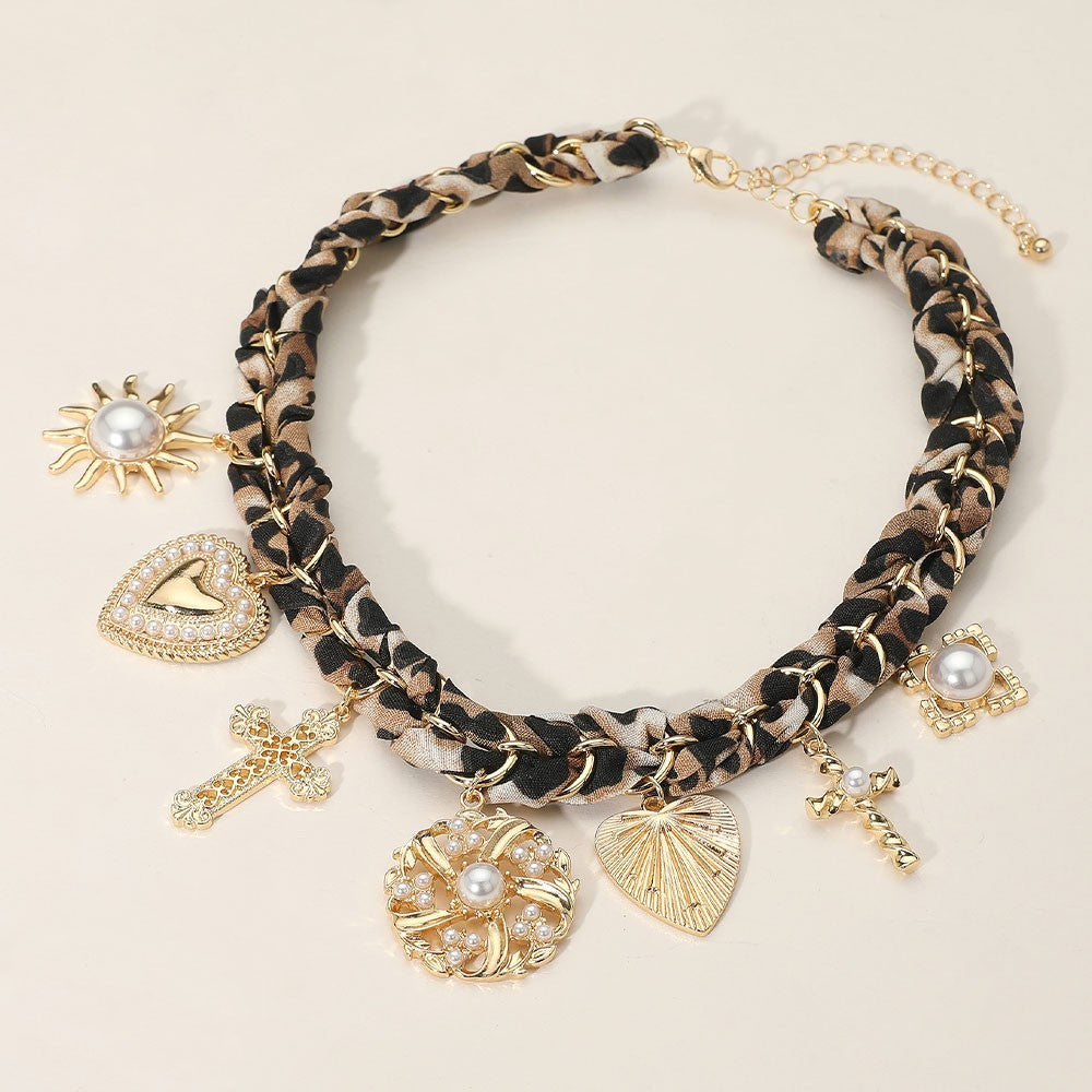Leopard Fabric Chain Statement Necklace for Women Charm Jewelry Necklaces