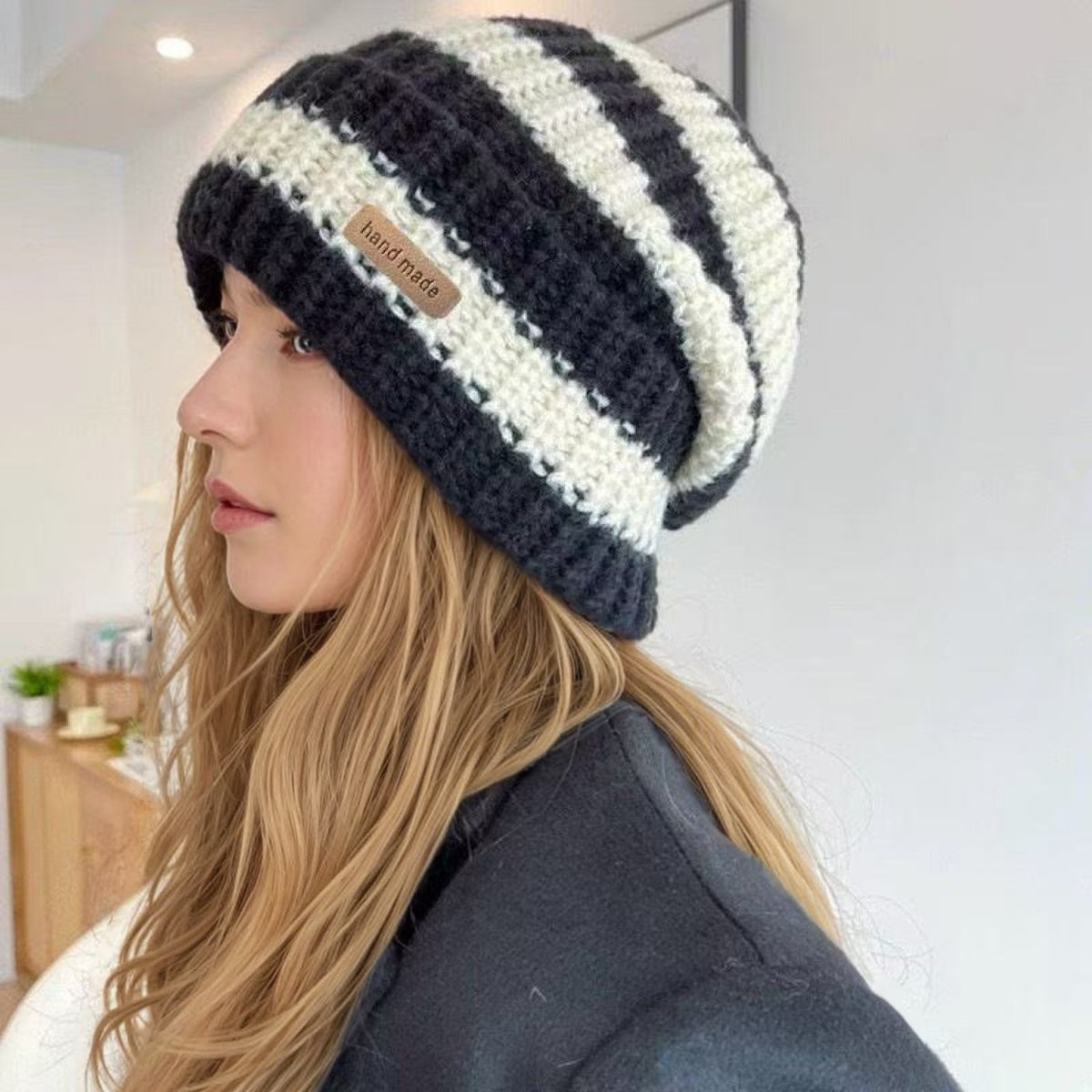 2PCS Handmade Striped Knit Beanie Hat Set Blue Black Winter Slouchy Toque Cap