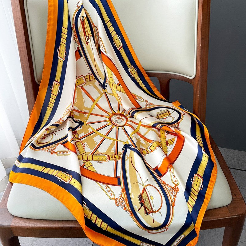 2pcs Women Silk Feel Square Scarf 27.5" Belt Carriage Print Neck Head Wrap