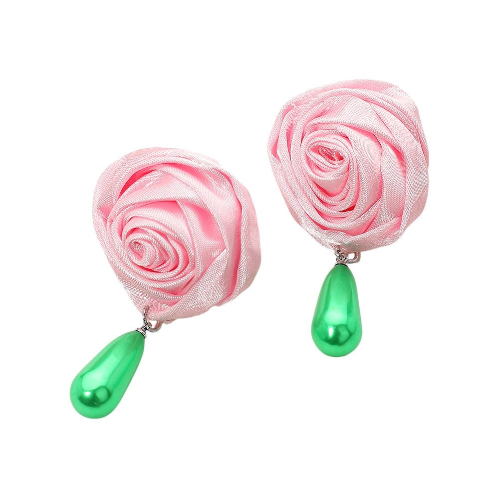 Elegant Pink Satin Ribbon Rose Earrings with Green Teardrop Pearl Dangle Charms