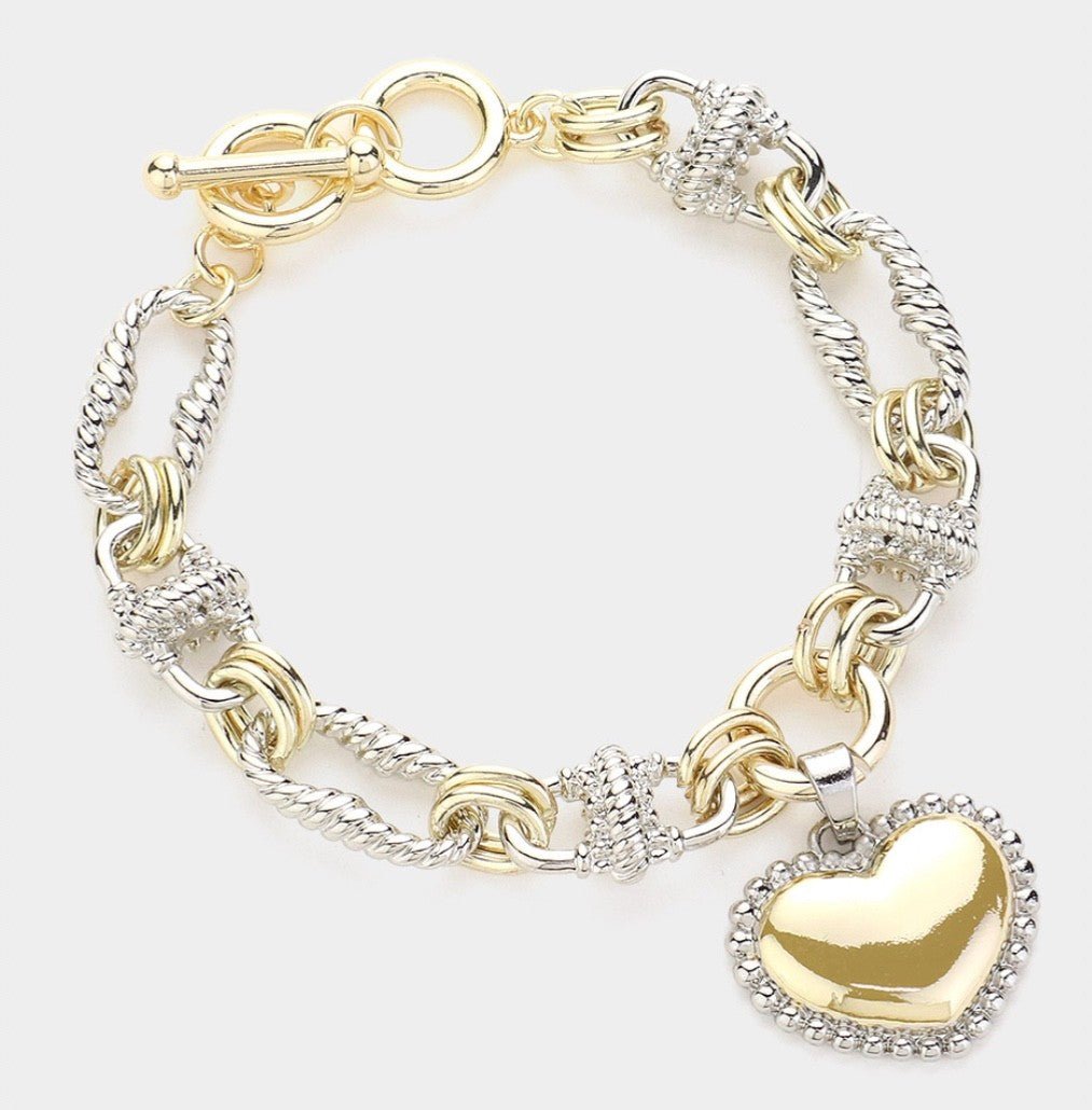 Two-Tone Twisted Rope Link Bracelet with Gold Heart Charm and Toggle Clasp