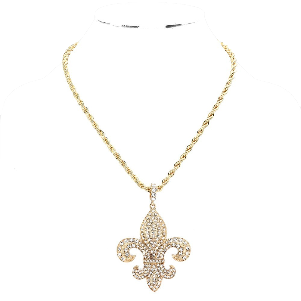 Iced Out Fleur De Lis Pendant Necklace Gold Tone Rope Chain Hip Hop Jewelry