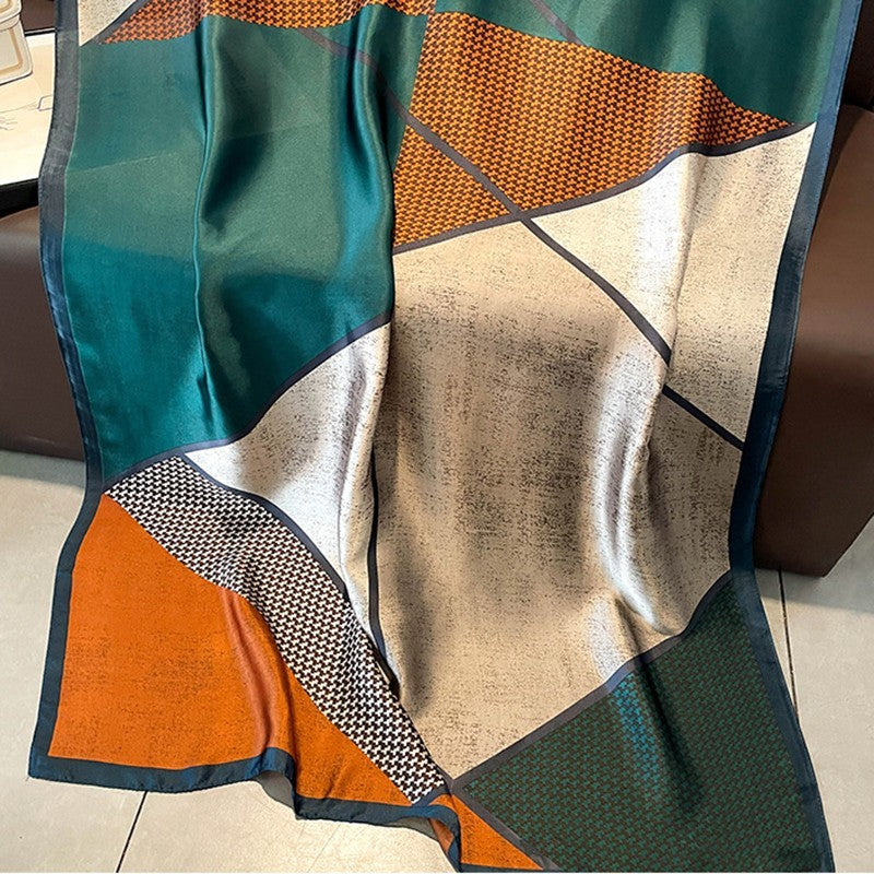 Luxury Geometric Houndstooth Silk Feel Scarf Green Orange Beige Satin Shawl