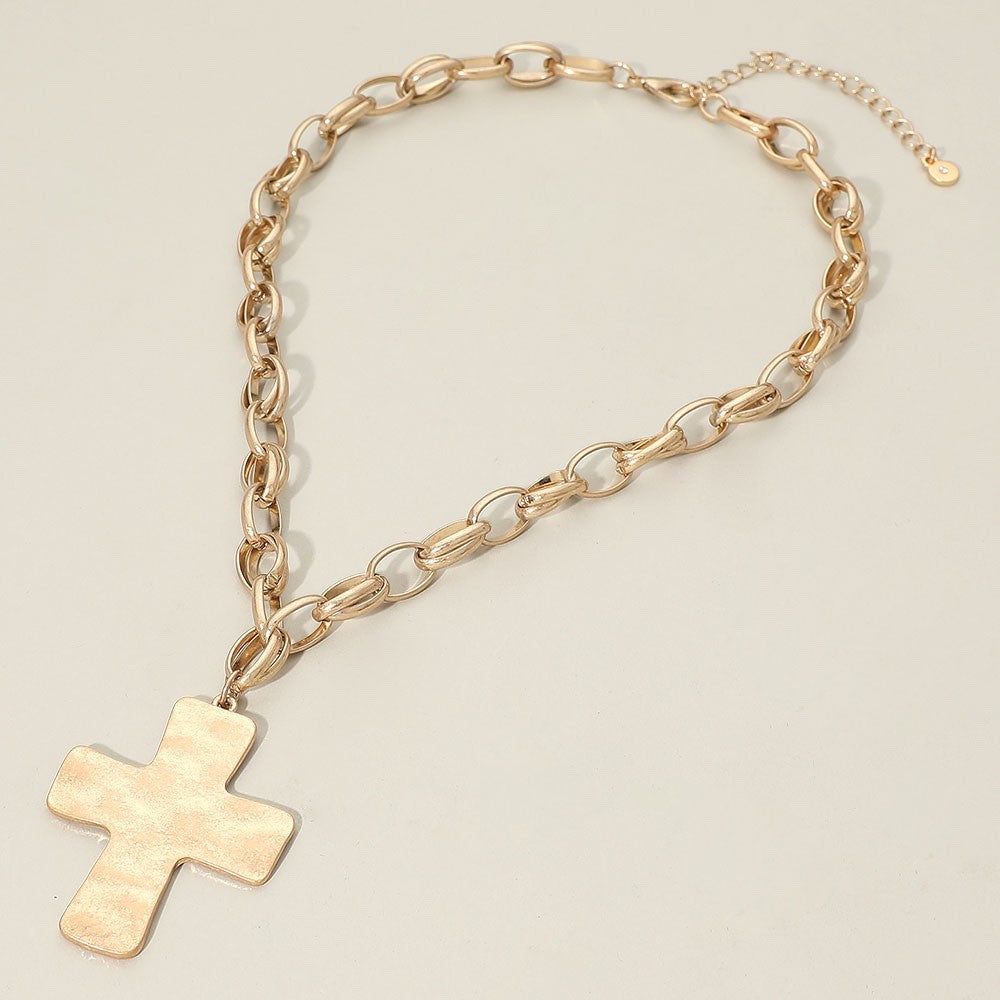 Gold Hammered Texture Cross Pendant Chunky Oval Link Chain Statement Necklace