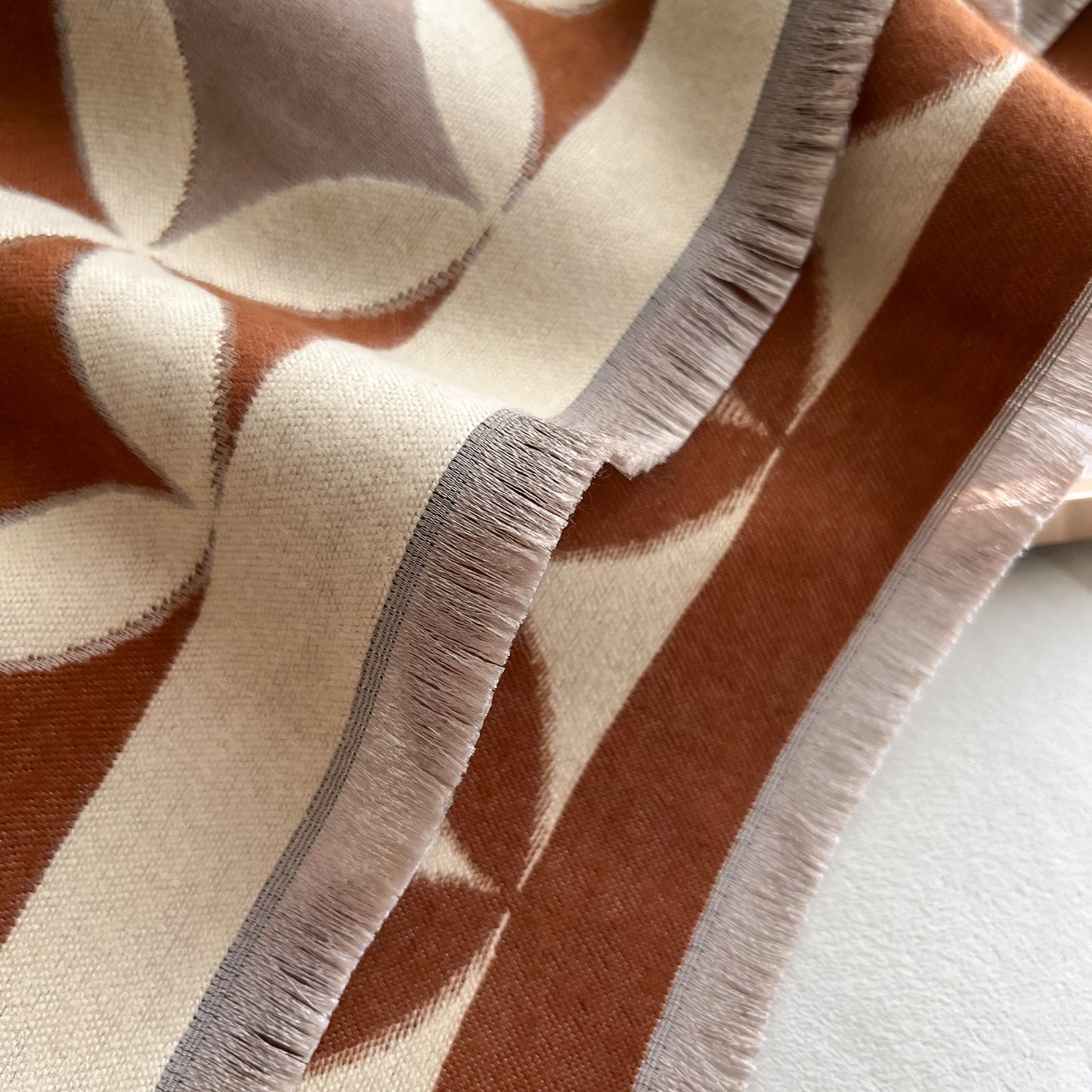 Reversible Brown Cream Geometric Quatrefoil Soft Fringed Knit Wrap Scarf Throw