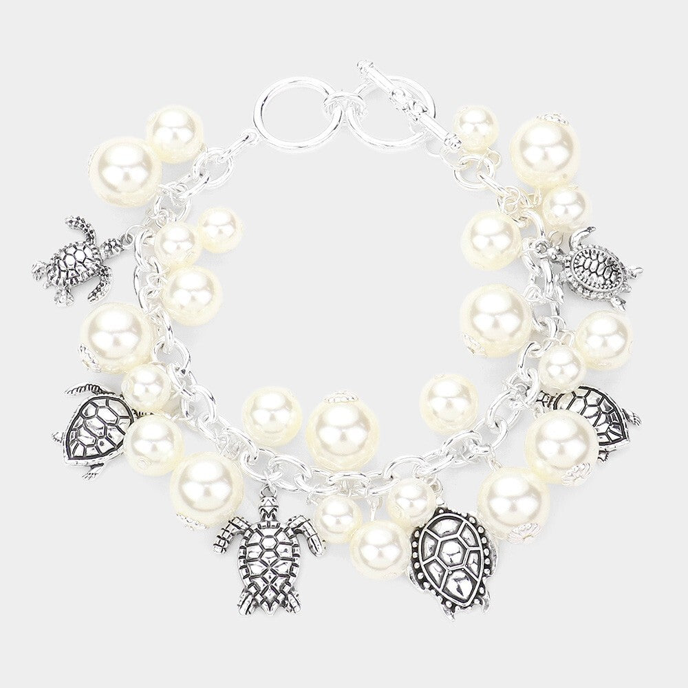 Turtle Charm Pearl Beaded Toggle Bracelet Silver Tone Sea Life Jewelry