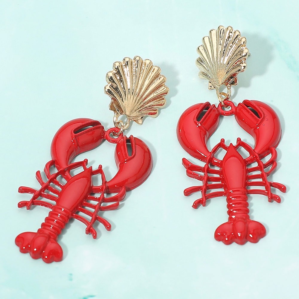 Red Lobster Scallop Shell Dangle Earrings Fun Nautical Sea Life Jewelry Piece
