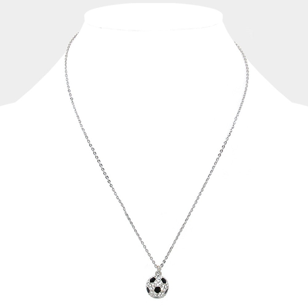 Silver Tone Pave Crystal Soccer Ball Sports Pendant Necklace for Fans