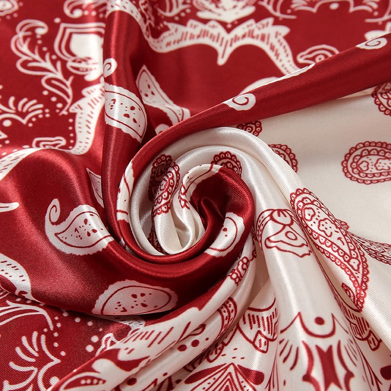 Two Tone Red White Paisley Satin Bandana Scarf Square Head Neck Wrap for Women