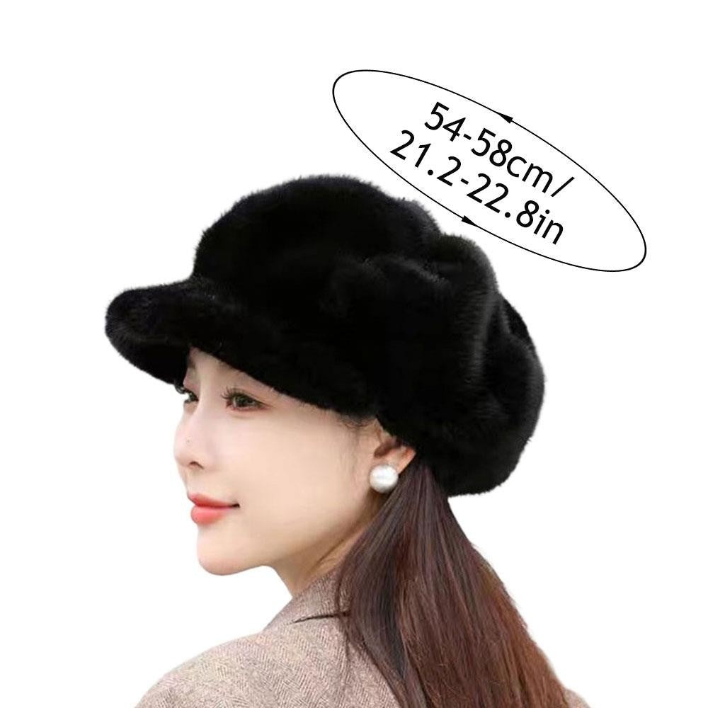 Faux Fur Beret Newsboy Hat Black Winter Cap Visor Cabbie Fashion Warm