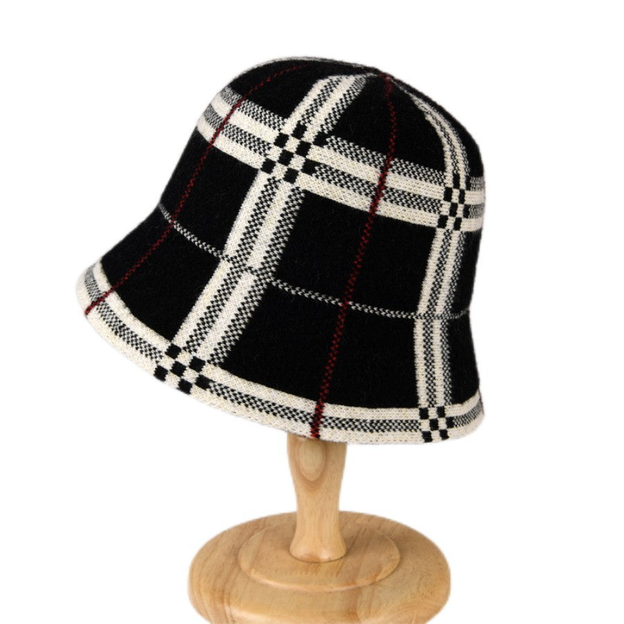 Wool Blend Plaid Bucket Hat Women's Winter Check Tartan Black Fisherman Cap