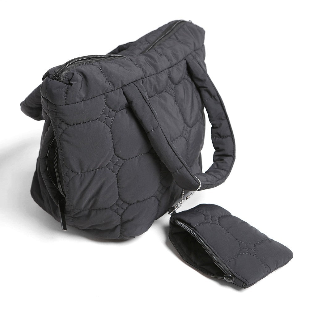 Black Puffer Quilted Tote Bag Shoulder Handbag with Coin Pouch Gift Idea