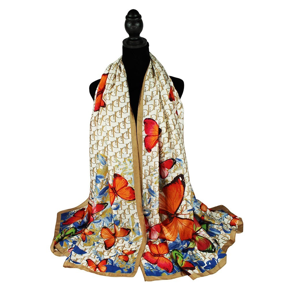 Butterfly Satin Scarf Shawl – Silky Oblong Lightweight Wrap with Printed Detail