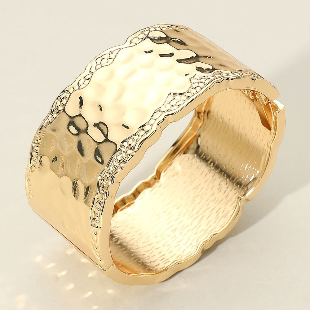 Wide Gold Hammered Metal Bangle Bracelet for Women with Hinged Clasp