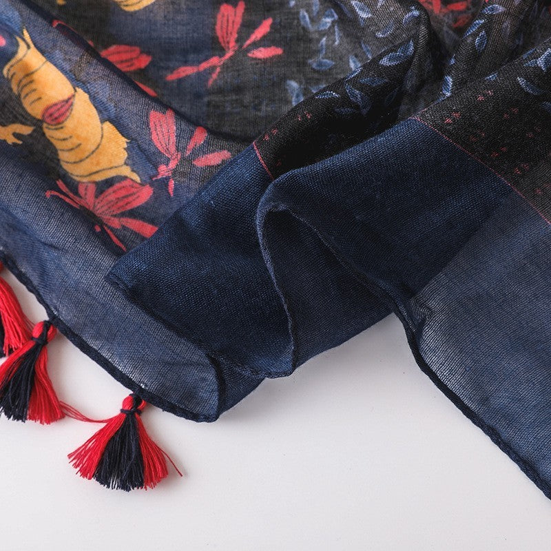 Boho Floral Scarf Shawl Wrap Navy Red Yellow Tassel Lightweight Beach Shawl