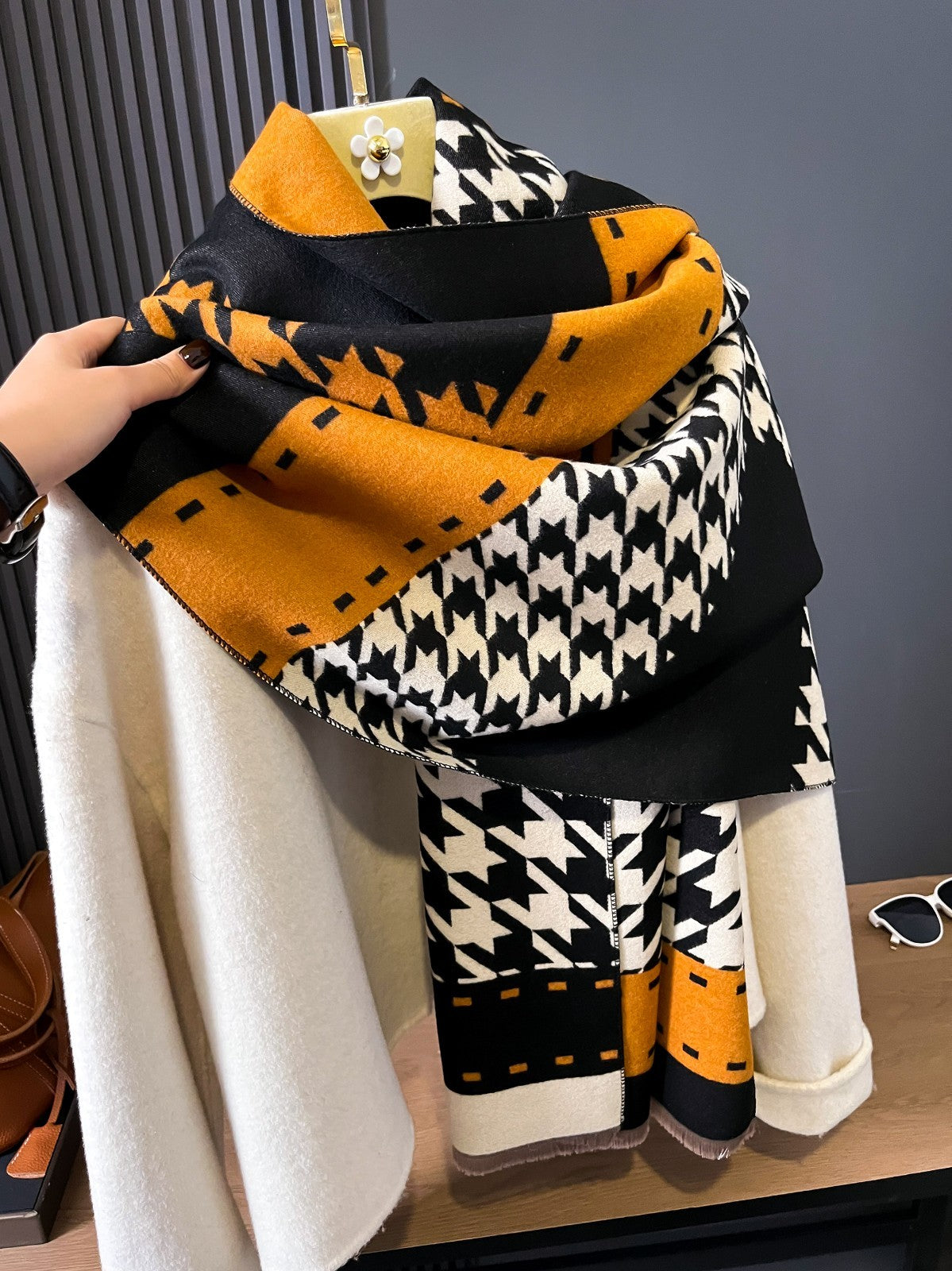 Elegant Houndstooth Winter Shawl for Women - Oversized Blanket Scarf
