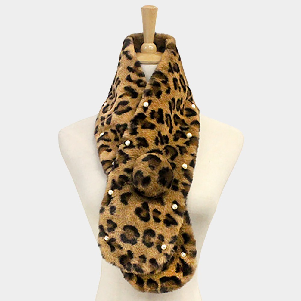 2 Pcs Set Leopard Faux Fur Scarf Pearl Pom Pom Winter Accessory Gift Set
