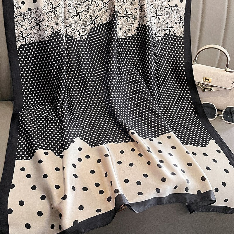 Polka Dot Silk Feel Scarf Black Cream Geometric Print Shawl Wraps & Scarves