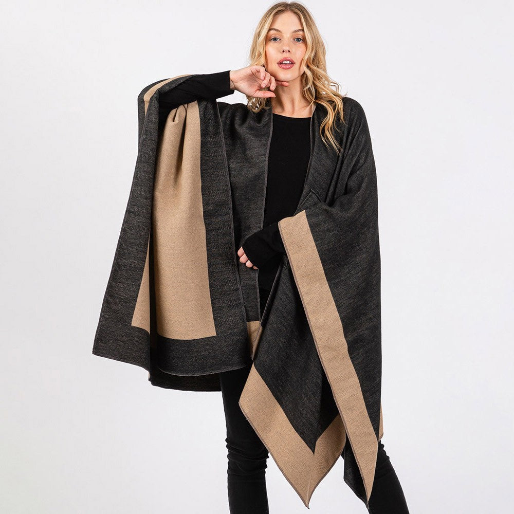 Two Tone Ruana Poncho Women Pull Through Shawl Knit Cape Wrap Cozy Layering