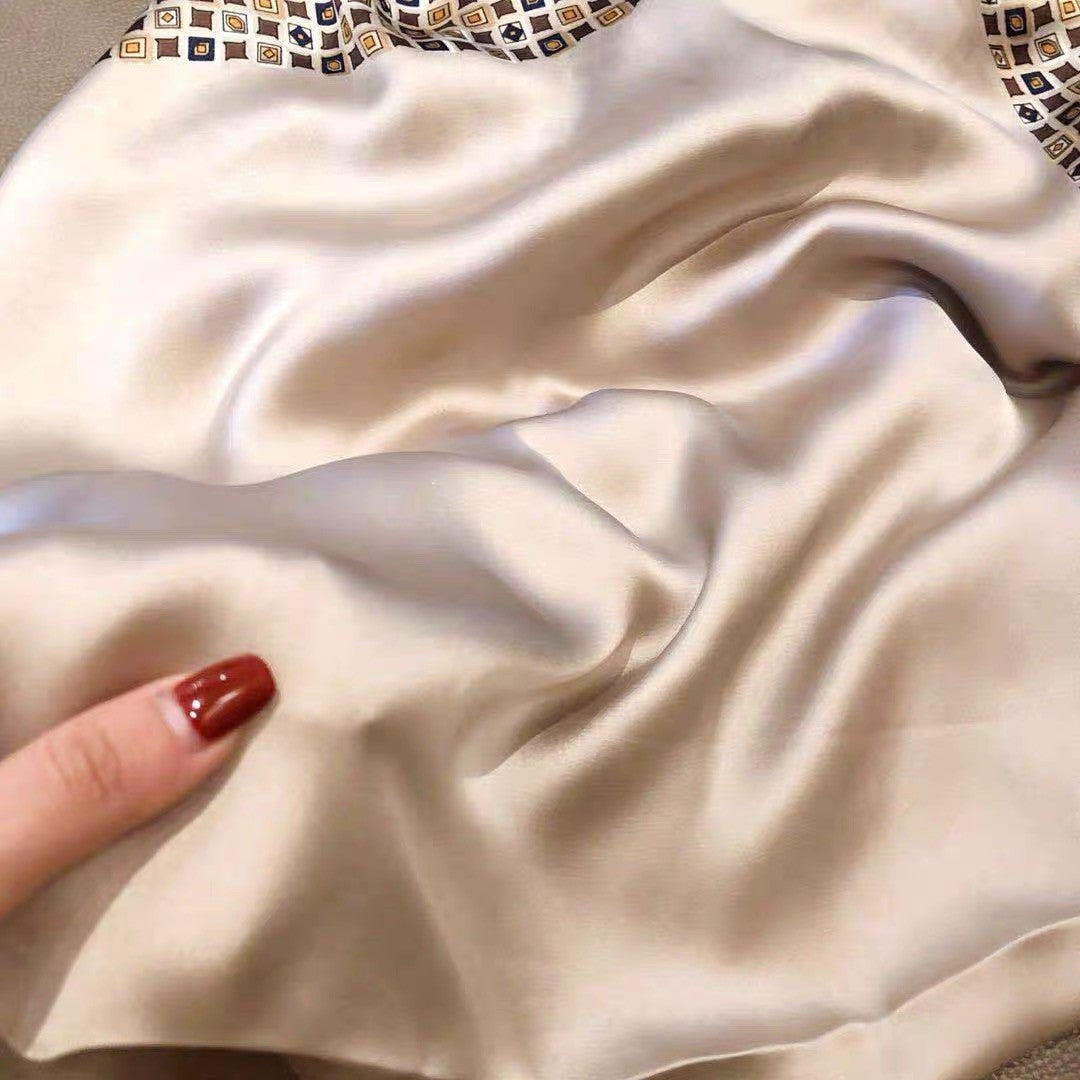 Luxury Champagne Silk Feel Square Scarf Geometric Diamond Border Neckerchief