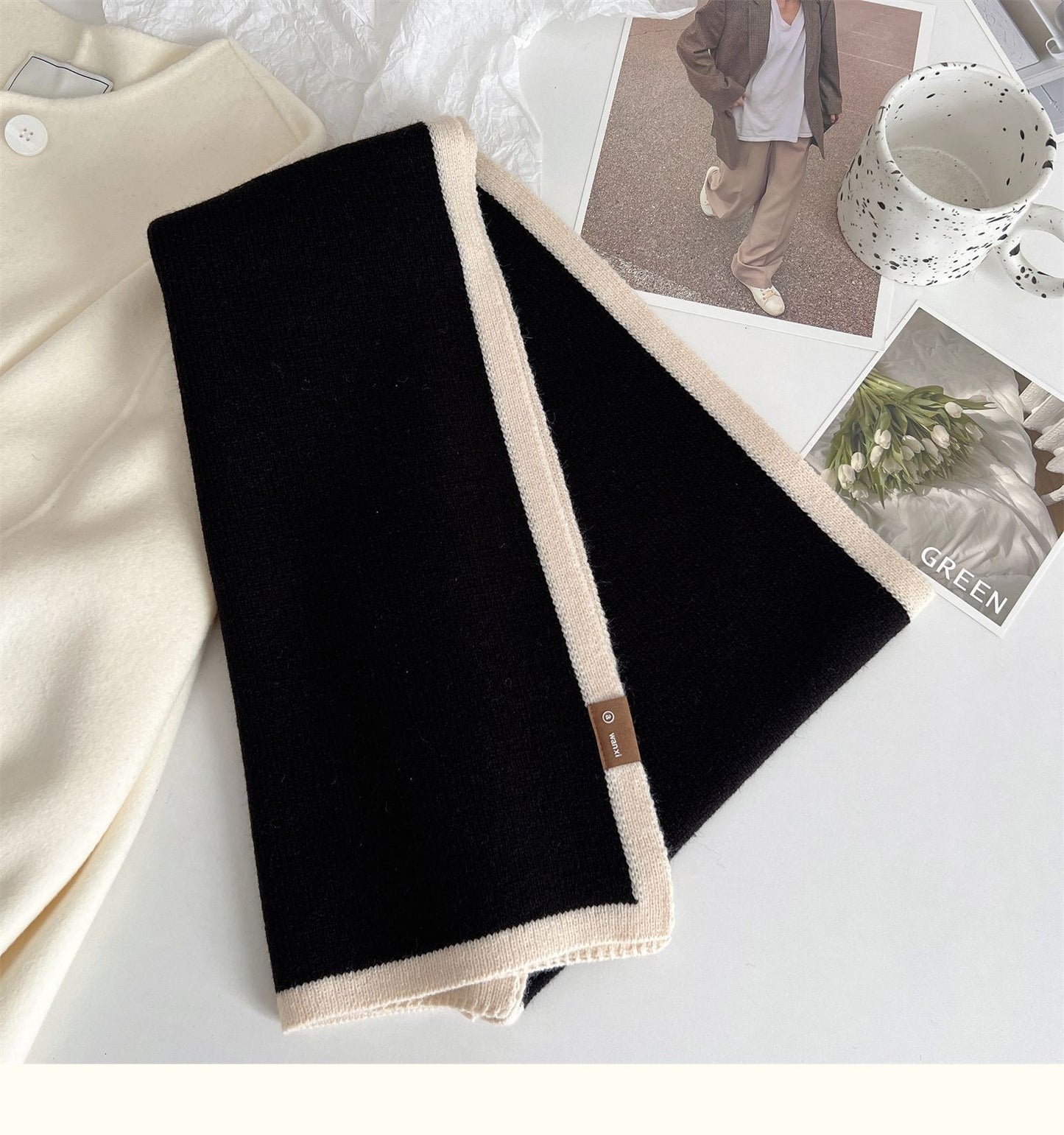 2-Pack! Reversible Chunky Knit Scarf Set Black & Cream Wraps and Scarves Unisex