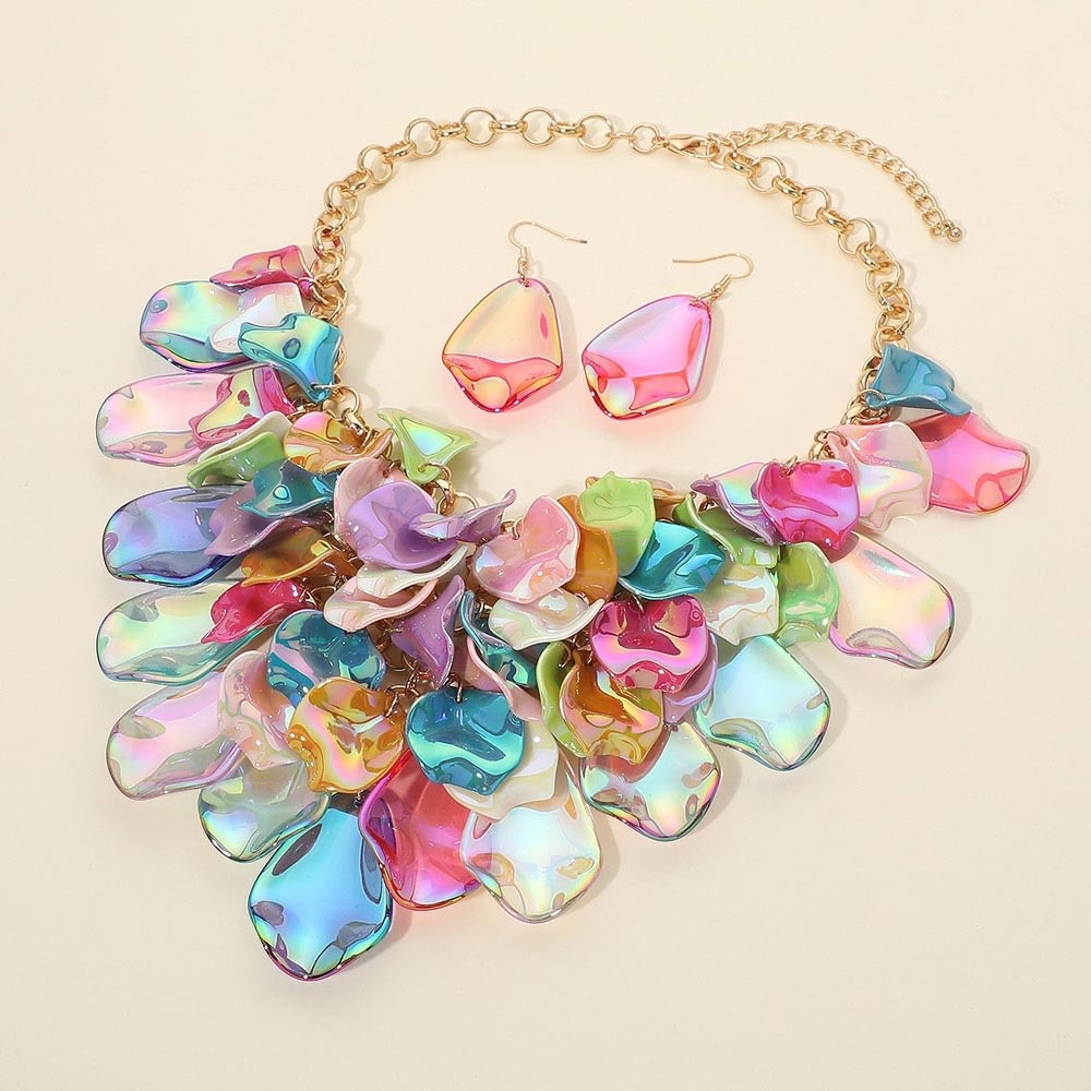 Iridescent Colorful Petal Statement Necklace Bold Bib Jewelry Piece