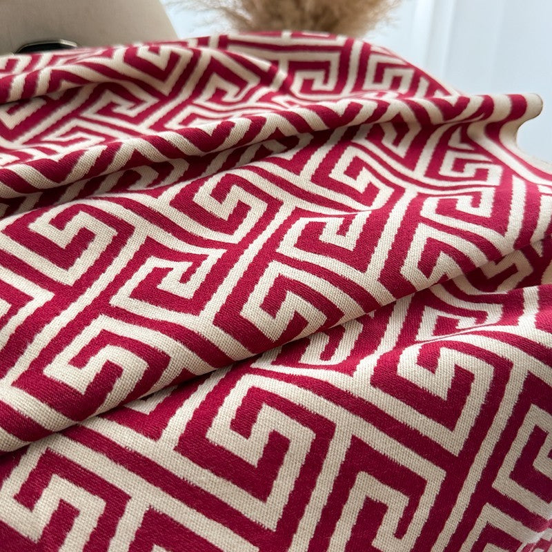 Women's Greek Key Geometric Knit Scarf Shawl Oversized Wrap Red Beige